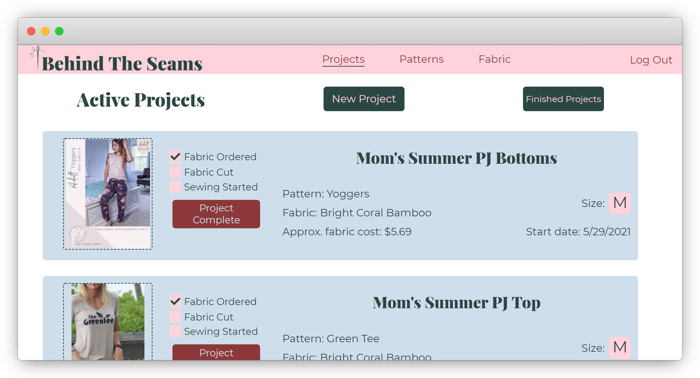 Behind The Seams Project List view